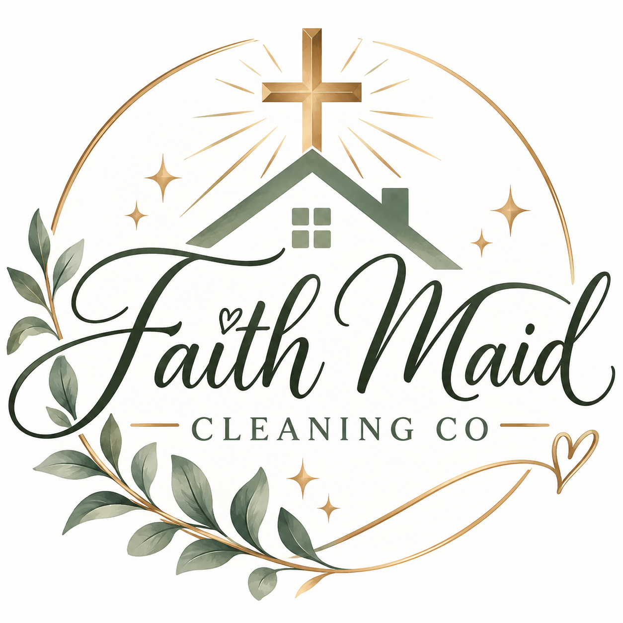 Faith Maid Cleaning Co. emblem: a house roofline with a cross, a leafy branch, and gold stars