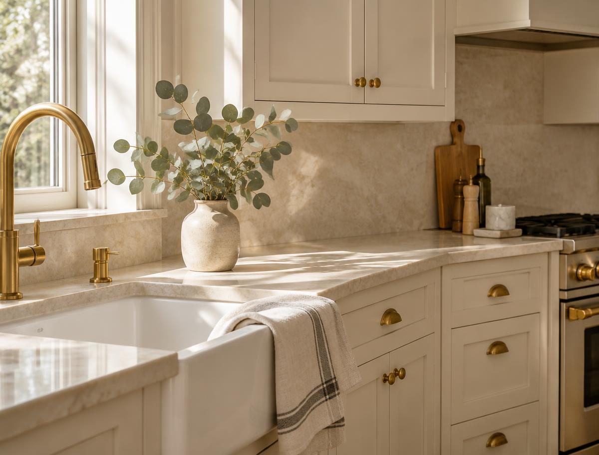 A spotless cream kitchen with brass fixtures and a vase of eucalyptus