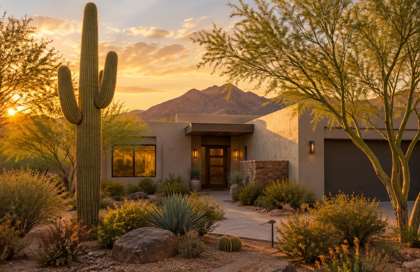 A Tucson desert home at golden hour with saguaro cactus in front
